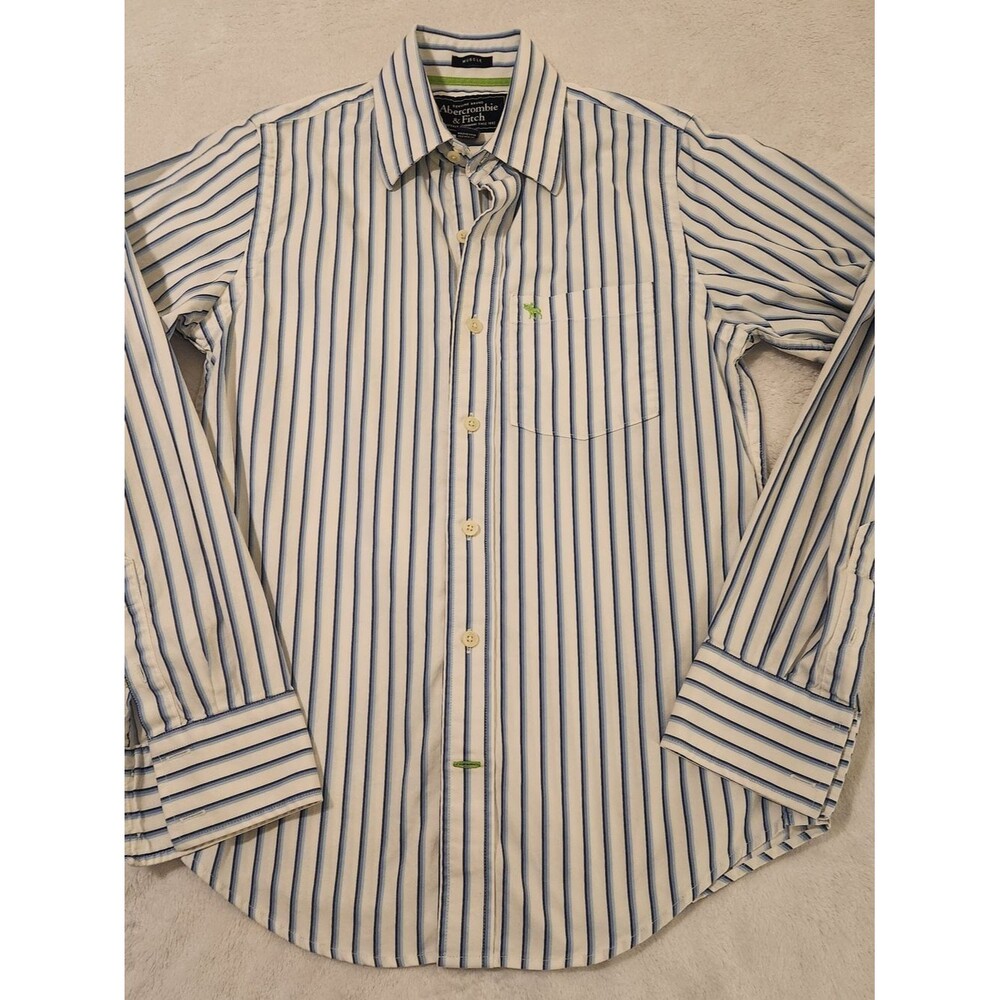 Y2K Abercrombie & Fitch Blue And White Striped Button Up Shirt Size S Muscle Fit